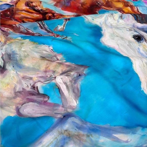 Silk Scarf Hand Made Art To Wear Signed 35 By 69 Inches Horses Dog Victorian - Picture 8 of 14